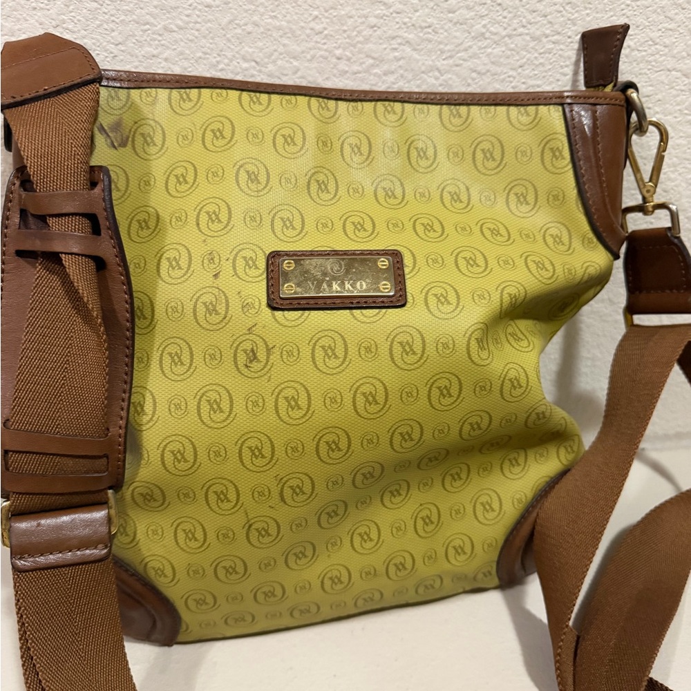Vakko Chartreuse Logo-Print Crossbody with Brown Trim. Women Bag